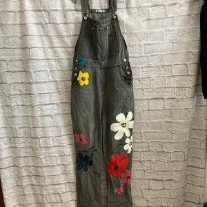 Miss Look Grey Denim Hippy Overalls With Painted Flowers